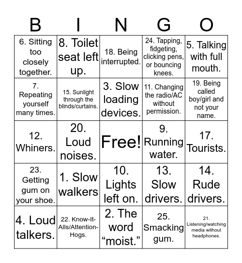 Pet Peeve Bingo Card