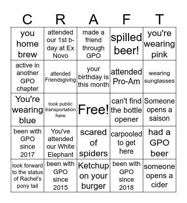 Girls Pint Out BINGO! Bingo Card