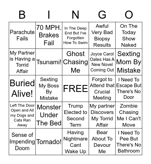 Bad Dream Bingo Card