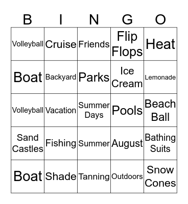 Summer Days Bingo Card