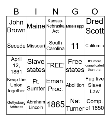 Civil War  Bingo Card