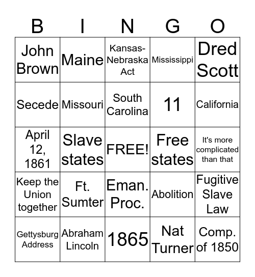 Civil War  Bingo Card
