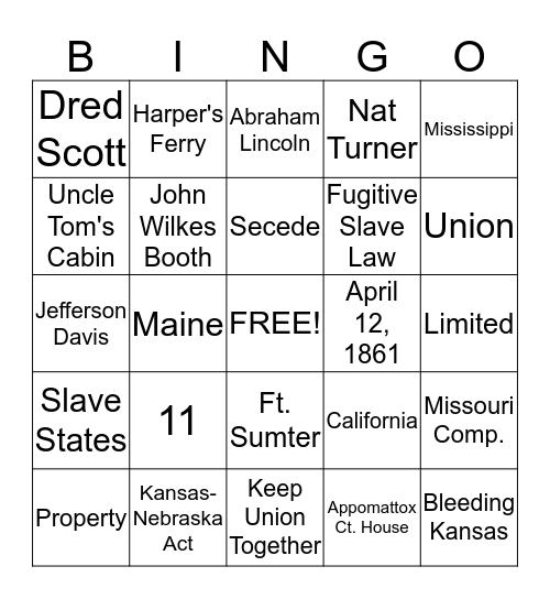 Civil War Bingo Card
