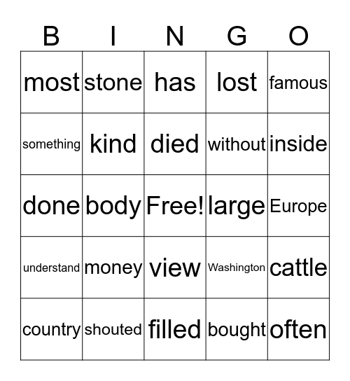 SIght Word Bingo Card
