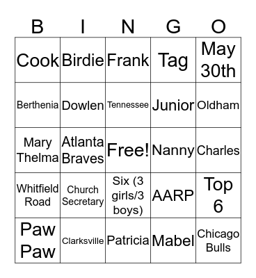 Family Reunion 2019 Bingo Card