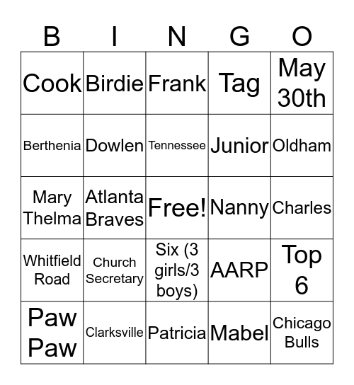 Family Reunion 2019 Bingo Card