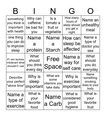 Health and Nutrition Bingo Card