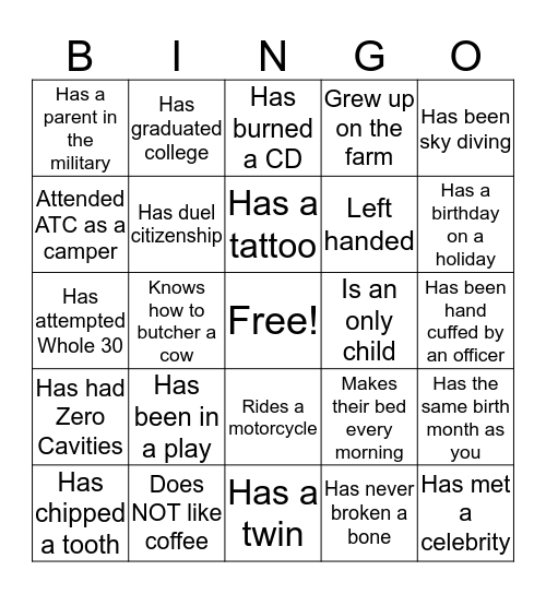 Ice Breaker Bingo Card