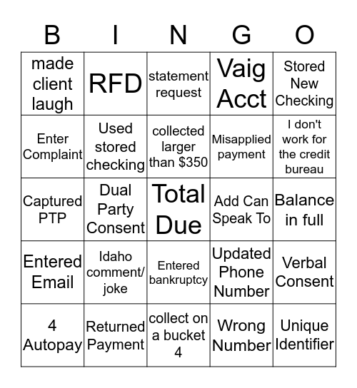 collection bingo (include acct number)  Bingo Card