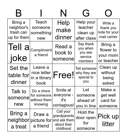 Good Samaritan Bingo Card