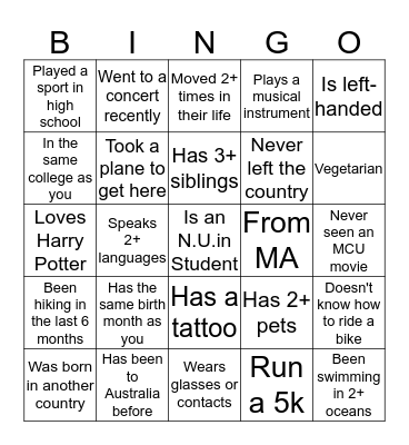 N.U.in Bingo Card