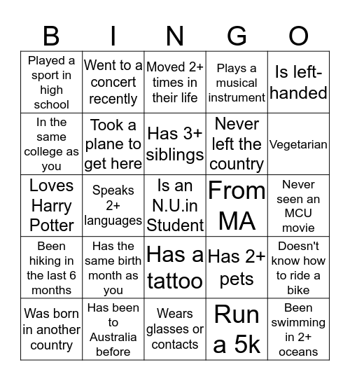 N.U.in Bingo Card