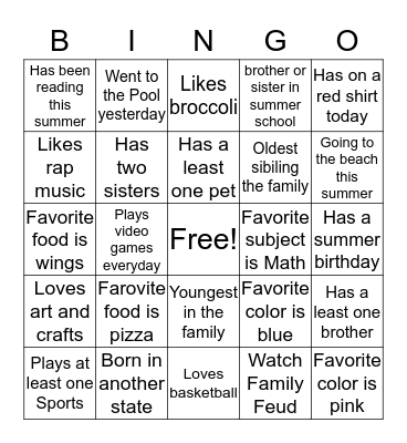 All About Me Bingo Card
