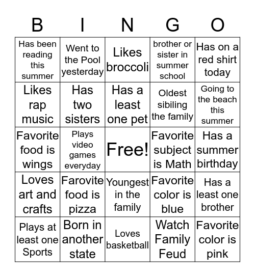 All About Me Bingo Card