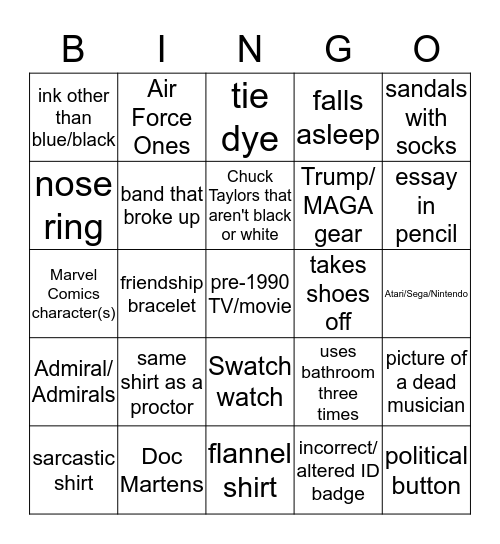 English Regents Proctoring Assignment Bingo Card