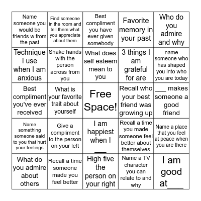 Self Esteem Bingo Card