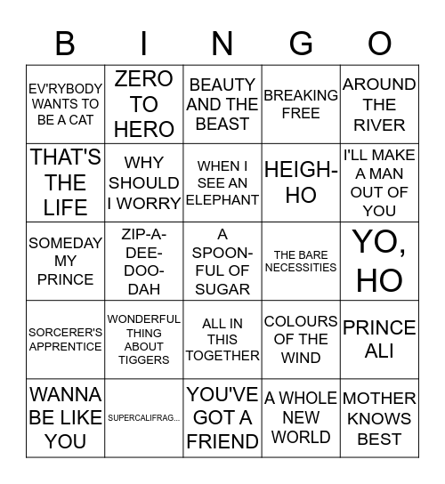 DISNEY ROCK & ROLL BINGO Card