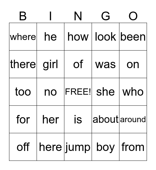 Sight Word Bingo Card