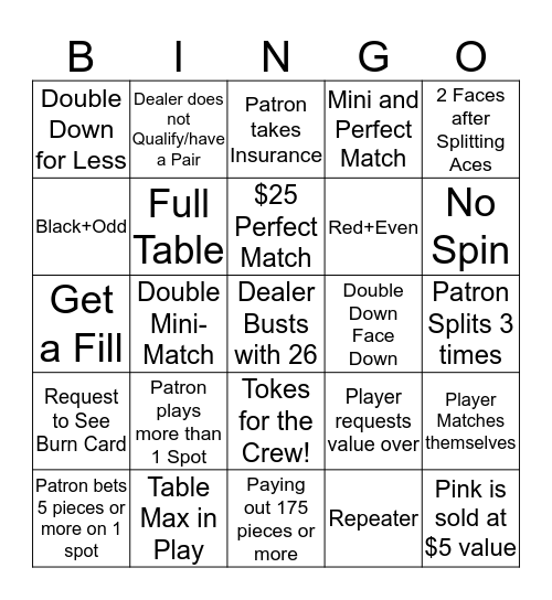 Table Games Bingo Card