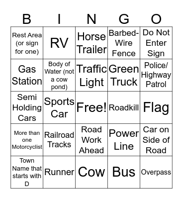 Road Trip Bingo Card