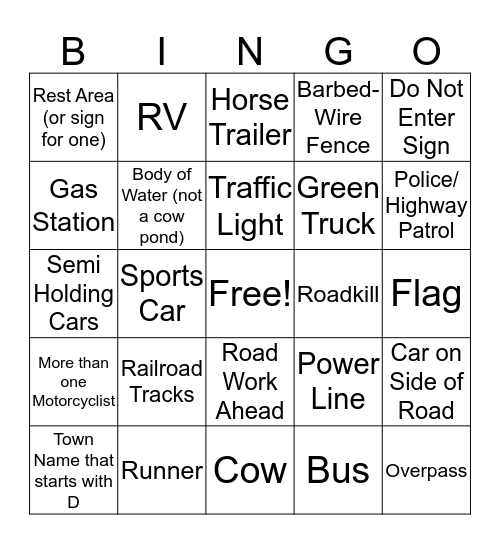 Road Trip Bingo Card