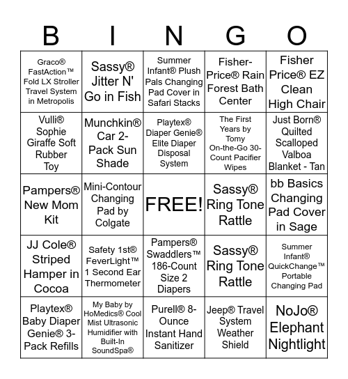 Andressa's Baby Shower Gift Registry BINGO! Bingo Card