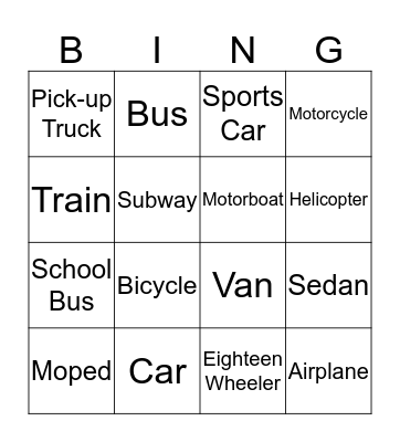 Transportation Bingo Card