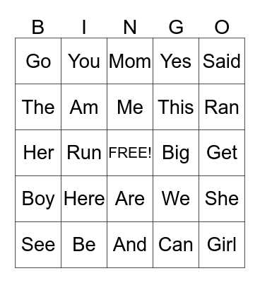 sight words Bingo Card