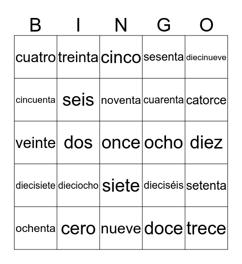 Números (Deletreado) Bingo Card