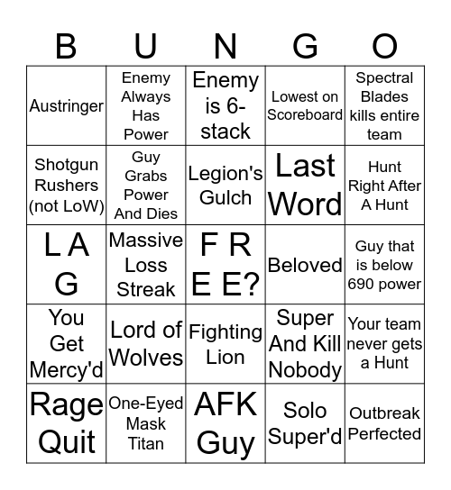 Destiny 2 Iron Banner Bingo Card