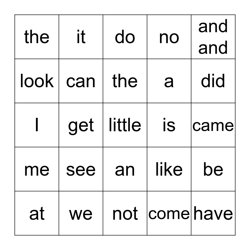 popcorn words Bingo Card