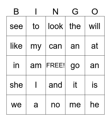 Sight words Bingo Card