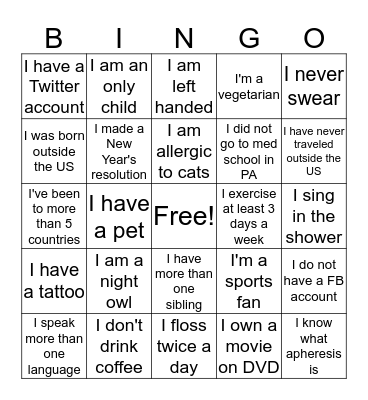 Getting to Know You Bingo Card