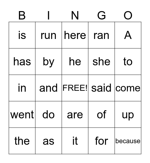 Sight Word Bingo Card