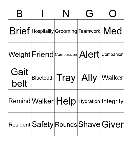 Caregiver Bingo Card