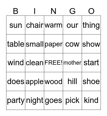 Sight Word Bingo Card