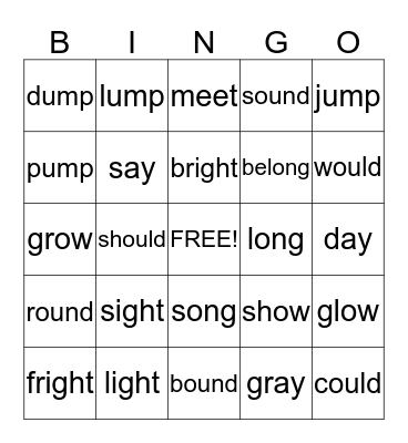 Sight Words Bingo Card