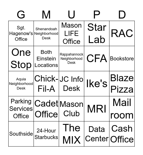 Fairfax Campus Bingo Card