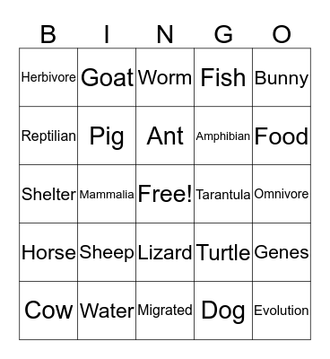 Animal Bingo Card