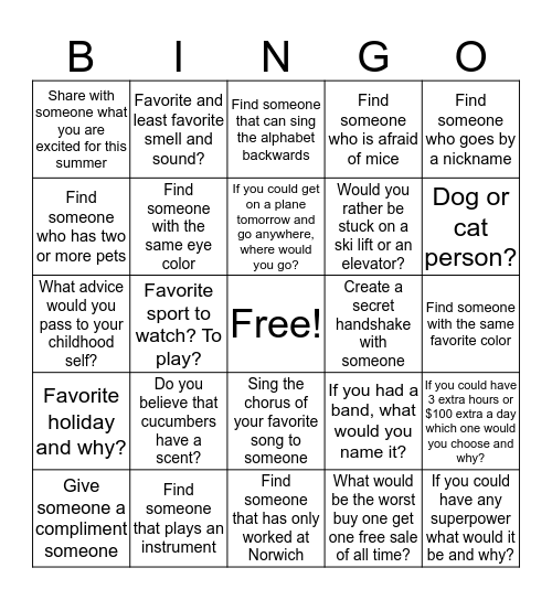 GET TO KNOW YOU BINGO! Bingo Card