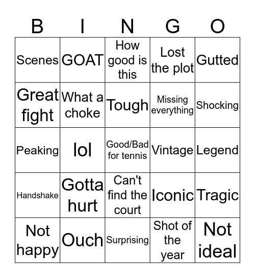 Tennis Twitter Commentary Bingo Card