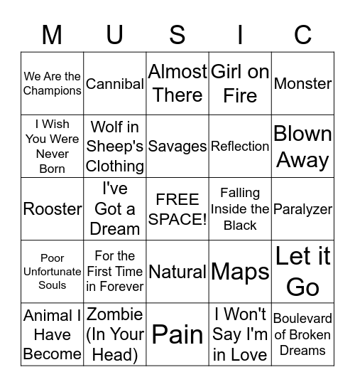 ALICIA'S MUSIC BINGO Card