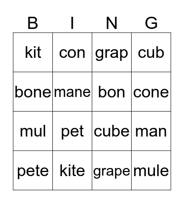 Magic 'e' Bingo Card