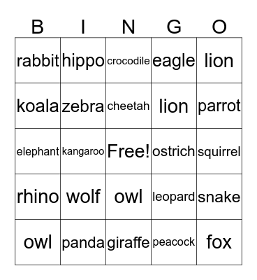 Wild anmails Bingo Card