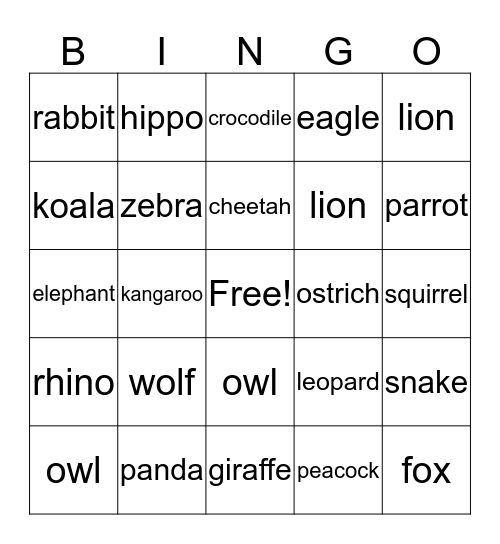 Wild anmails Bingo Card