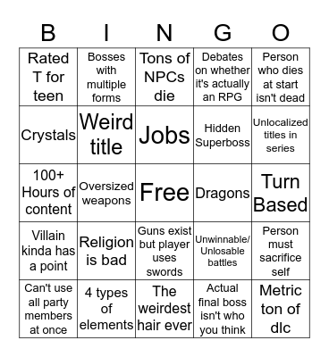 JRPG Bingo Card