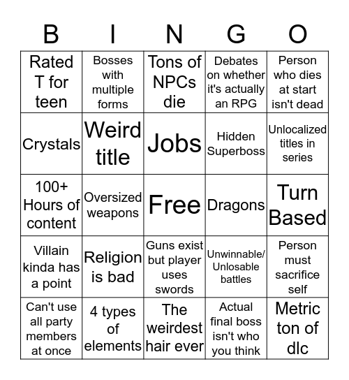 JRPG Bingo Card