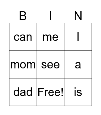 Sight Words Bingo Card