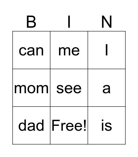 Sight Words Bingo Card