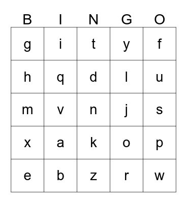 Lowercase Letters Bingo Card